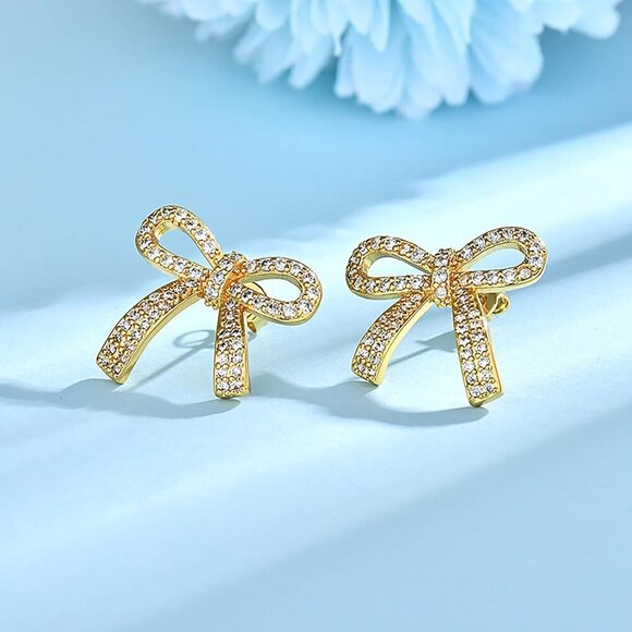 Gold Silver Sparkly Cubic Zirconia Bow Stud Earrings for Women - Elegant Jewelry - Picture 6 of 7